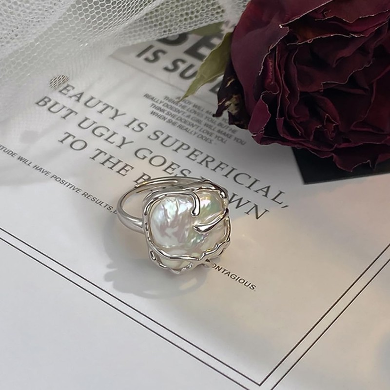 Irregular Pearls Women's Silver Ring, Open Adjustable Pearl Ring, Shiny