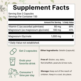 Pure Magnesium Glycinate 1,000mg, 300 Capsules | 100% Chelated for Max Absorption | Support for Sleep, Muscle, Heart & Nerve Health* | Enhanced with Vitamin C | Only Uses Active Ingredients