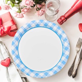 FALIZIFU 50 Pcs Light Blue Gingham Paper Plates 7 Inch Disposable Blue and White Buffalo Plaid Dinner Plates for Wedding Baby Shower Birthday Party Checkered Dessert Plate