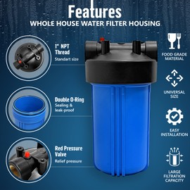 High Capacity 10 x 4.5” Whole House Filter Purifier System for Well or City Water, Presser Relief Button, 1” NPT Brass Port, Double O-Ring, Meets NSF Standards & Regulations (Blue, 4 Sets)