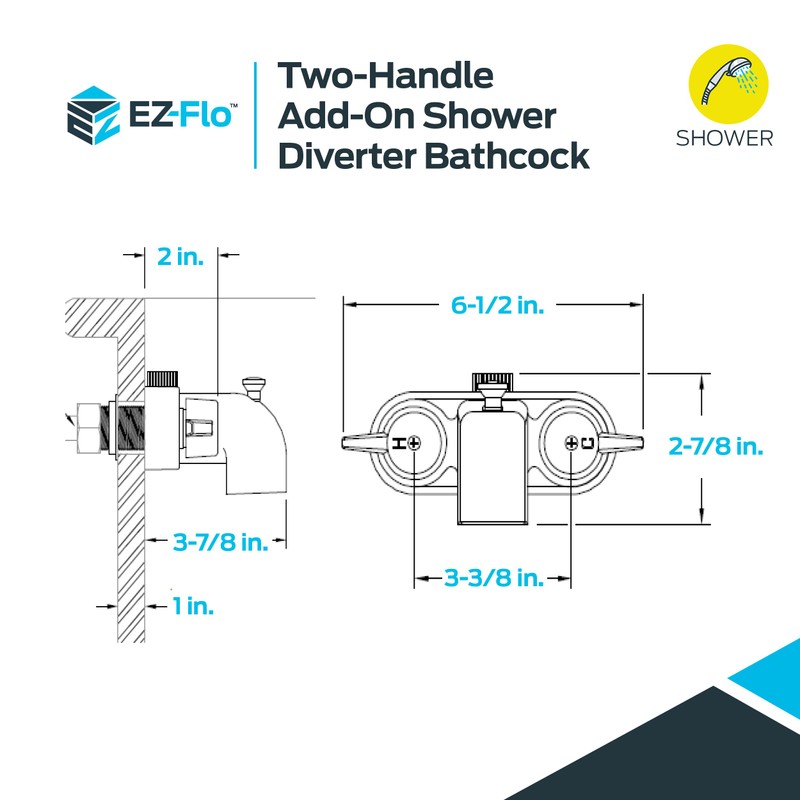 EZ-FLO Two-Handle Add-On Shower Diverter Bathcock, Chrome Plated, 11129