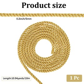 CABODYALS 5 mm 10.94 Yards 3-Ply Yellow Gold Twisted Degree of Honor Cord Braid Shiny Satin Cord Thread Decorative Thick Fabric Fibre Rope for Sewing Making Jewellery Decoration DIY Craft Supplies