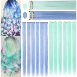 JCHDWSGUO Pack of 10 Coloured Hair Extensions 21 Inch Heat-Resistant Synthetic Straight Hair Extensions Clip in Girls Women Holiday Party Hair Highlights (Light Blue Light Green)