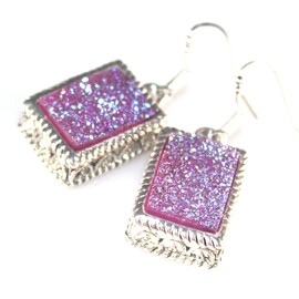 SILVER Vintage Style Pink Rainbow Titanium Druzy Rectangular Earrings