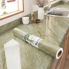 STICKEEP Beige Green Marble Contact Paper for Countertops Waterproof Glossy Marble Wallpaper 17.7" x 315" Removable Self Adhesive Granite Contact Paper for Kitchen Bathroom Cabinets Counter Top Covers
