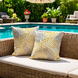 Jayusaror Outdoor Cushion Cover 40 x 40 cm Yellow Grey Cushion Cover Weatherproof Sofa Cushion Garden Cushion Summer Tropical Leaves Decorative Cushion Covers for Sofa Garden Decoration Set of 2