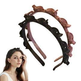 2Pcs Clip Headband, Velvet Hairband with Clips Teeth Comb Hair Hoop Headband with Clips Attached, Non-Slip Double Bangs Hairstyle Hairpin Headbands for Women's Girls Hair Accessories Black Brown