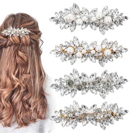 Leanockesa 4Pcs Rhinestone Hair Clips, Crystal Pearl Floral Barrettes with Sparkling French Clips, Elegant Wedding Prom Bridal Hair Accessories, Shiny Hairpins for Party Daily Use