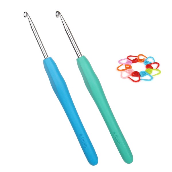 Coopay Crochet Hooks 4.0 mm and 4.5 mm, Pack of 2 Metal Crochet Hooks with Stitch Marker, Ergonomic Crochet Hook with Soft Grip for Arthritic Hands, Colourful TPR Handle Crochet Hook 4 4.5 mm for