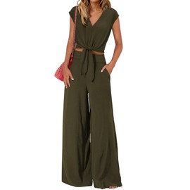 PRETTYGARDEN Vacation Outfits For Women 2025 Solid Color Cute 2 Piece Long Pant Sets Dressy Work Business Officce Outfit(Solid Army Green,X-Large)