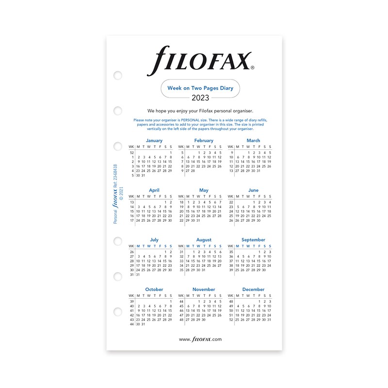 Filofax Refill, Personal/Compact Size, Week-to-View, White Paper, Ruled, English, 2023
