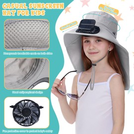 Mumucove Kids Toddler Sun Hat with Solar Fan Wide Brim Sun Hat Adjustable Solar Fan Hat with Neck Flap UPF 50+ Bucket Hat for Boys Girls Swim Beach Outdoor, Light Gray, Solar and USB Powered