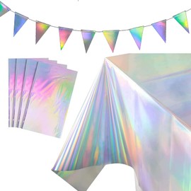 Iridescent Party Decorations,2 Pack Iridescent PlasticTablecloths with Banner,54" x 108" Shiny Disposable Laser Rectangle Table Covers,Holographic Foil Tablecloth for Birthday Bridal Wedding Christmas