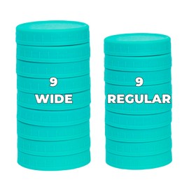 Bedgeta 18 Pack 9 Wide Mouth & 9 Regular Mouth Mason Jar Lids with Silicone Rings,Thickened Leak-proof Lids Fit Ball,Kerr and More, Blue-green Plastic Lids, 86mm & 70mm(Blue-green)