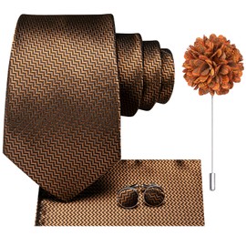 Hi-Tie Silk Ties for Men 4PCS Mens Ties and Flower Lapel Pin Pocket Squares Cufflinks Set Necktie for Wedding Business, Bronze, Medium