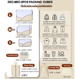 Dec-Mec 8 Set Packing Cubes for Travel (L,M,S,XS)-Suitcases Organizer Set for Travel Accessories Travel Essentials, Luggage Packing Bags for Carry on Suitcase (8set, Cream)