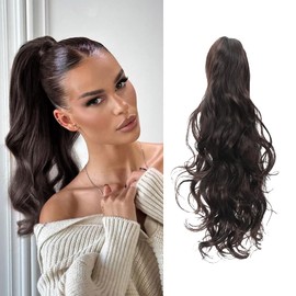 RPAEOY Clip-In Real Hair Extensions, 45 cm, Wavy Ponytail Hairpiece, Long Braid Hair Extension, Natural Ponytail, Synthetic Hair Braid Wig for Women and Girls (Brown Black)