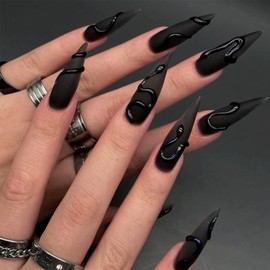 NICENEEDED 24PCS Black Long Stiletto False Nails, Press on Nails Almond Glossy Artificial Nails, Full Cover Stick on Nails Reusable False Nails for Women