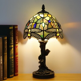 Small Tiffany Table Lamp Stained Glass Desk Lamp Brown Yellow Dragonfly Style Bedside Desk Light Mini Accent Desk Memory Lamp 8X15 Inch