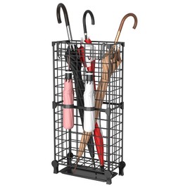 AWTATOS Umbrella Holder Entryway, Umbrella Stand Freestanding, Metal Square Umbrella Rack Organizer with a Removable Drip Tray, Hooks, Black