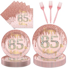 EUOYUFO 96Pcs 85th Birthday Decorations for Women Disposable Tableware Set -Rose Gold Happy 85th Birthday Paper Plates Napkins Forks 85 Years Old Party Supplies Serve 24 Guests