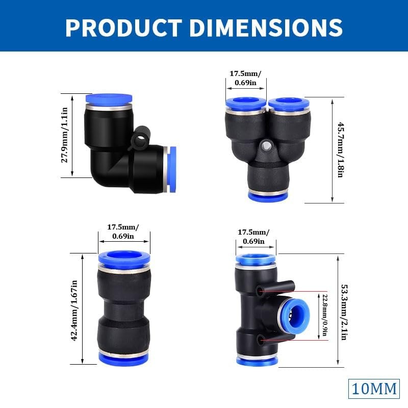 10Pcs Push to Connect Pneumatic Quick Fittings (Straights,3/8in-10mm)