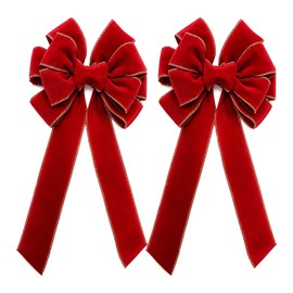 2-Pack Christmas Decorative Bows, Red Velvet with Gold Trim, 10.6" x 20" Large Holiday Ribbon, for Front Door, Christmas Tree and Yard Fence Outdoor Decorations