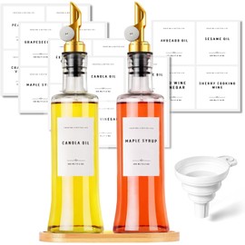 Wexlerey Dispensador de aceite de oliva, juego de botellas de aceite de vidrio, dispensador de jarabe de café para cocina, aceite de cocina naranja y dispensador de vinagre embudo y 35 etiquetas