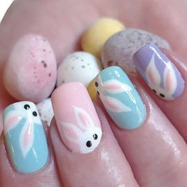 Easter Press on Nails Short Square Fake Nails Macaron Color Full Cover Cute Bunny False Nails with Designs Glossy Glue on Nails Easter Acrylic Nails Artificial Nails for Women Girls 24Pcs