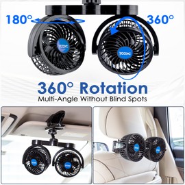 XOOL Clip Car Fan, Adjustable Dual Head 4 Inches 12V Fan for Front/Rear Seat Passenger, 360° Rotatable Electric Car Cooling Fans with Stepless Speed Regulation for SUV, RV, Vehicles