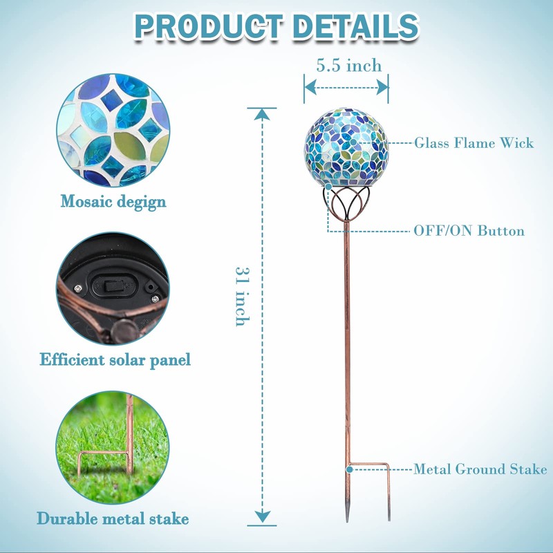 Solar Lights Outdoor Decorative, Solar Gazing Ball Mosaic Garden Stakes