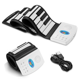 POGOLAB 49 Key Roll Up Keyboard Piano, Portable Digital Electric Foldable Piano Keyboard, Rechargeable, 47 Tones, 14 Educational Demo Songs, for Beginners Adults Gift - Color: Black & White(47 Tones 14 Songs)