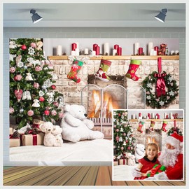 7x5ft Christmas Photography Backdrop Christmas Fireplace Backdrop White Brick Fireplace Bear Christmas Tree Backgrounds Children Photography Studio Prop