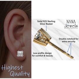 NANA Jewels 14K Solid Gold Posts & Sterling Silver Asscher Cut CZ Stud Earrings Hypoallergenic, 0.75ctw Yellow
