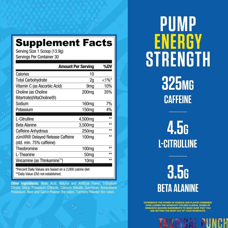 RYSE Loaded Pre Workout Powder - Kool-Aid Tropical Punch -