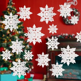 12Pcs White Snowflake Ornaments for Christmas Tree - 3D Paper Hanging Snowflakes Garland, Large Christmas Snowflake Decorations with 3 Size for Xmas Winter Wonderland Indoor Home New Year Party Decor