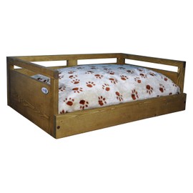 Iconic Pet Sassy Paws Wooden Pet Bed with Paw Printed Comfy Cushion for Dogs & Cats in Varying Sizes & Colors, Small-Rustic Brown