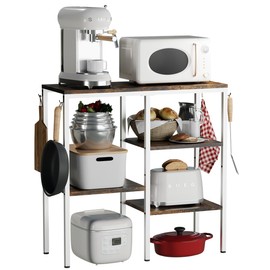 Artibear 4-Tier Kitchen Microwave Oven Stand, Adjustable Coffee Bar Station for Small Appliance, Baker's Rack with 4 Hooks & 5 Storage Shelves, Utility Rack for Kitchen, Living Room, Office, White