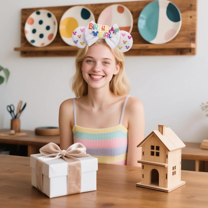 bianbaistar White Mouse Ears Headband, Matte Bow & Pastel Accents