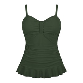 Hilor - Traje de baño tankini retro fruncido de los años 50 con dobladillo con volantes para mujer, Verde Ejército Oscuro, 10