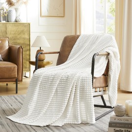 KASYLAN Super Soft Flannel Fleece Throw Blanket Grid Jacquard Decorative Warm Cozy Blanket for Sofa, Couch, Bed, Camping, Travel, Suitable for All Seasons(White, 127x152cm)