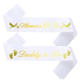 CoolerthingsDG, "Momma To Be" & "Daddy To Be" Baby Shower Sash Bundle - With Cute Stork Image (White & Gold Lettering) Girl Boy Baby Shower Party Decorations, Gifts, Favors, Mommy Supplies Gender Reveal (White)
