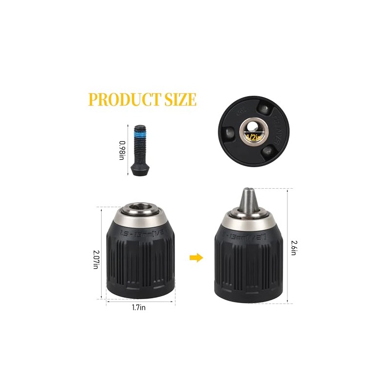 Shinelan N472497 Keyless Drill Chuck for DeWALT 1/2"-20 Mount 1.5-13mm