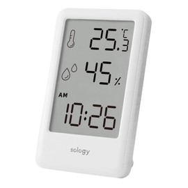 Sology Digital Thermometer/Hygrometer, Small, Clock with Alarm, Thermometer, Hygrometer, Mini, Indoor, Easy to Read Tabletop, Wall Mounted, White