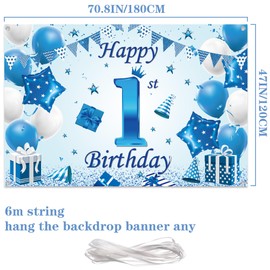 Happy 1st Birthday Banner Backdrop - Blue 1 Year Old Banners Decorations Boy Baby Photography Background for First Birthday Baby Shower Party Supplies 180x120cm
