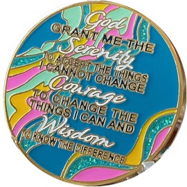11 Month AA Medallion Elegant Marble Tahiti Teal Blue Pink and Aqua Glitter Gold Plated Sobriety Chip