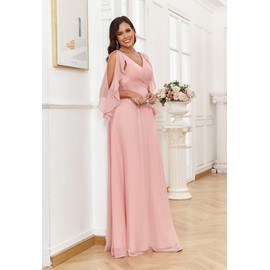 GREEKKNIGHT Black Bridesmaid Dresses with Sleeves for Women V Neck Cold Shoulder Elegant Chiffon Wedding Long Ruched A Line Evening Gown with Pockets US4