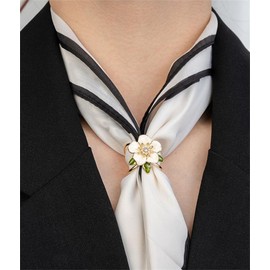 Cute Gardenia Flower Silk Scarf Ring for Women Lady Elegant Cubic Zirconia Crystal Pearl Floral Clip Shawl Scarves Clasp Buckle Holder Ring Band Clothing Dress Wrap Jewelry Accessories for Wife Mom