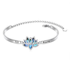 Mother's Day Gifts Abalone Shell Lotus Flower Bracelet With Inspirational Message "Just Breathe" for Women, Adjustable Length Bangle 925 Sterling Silver Jewelry