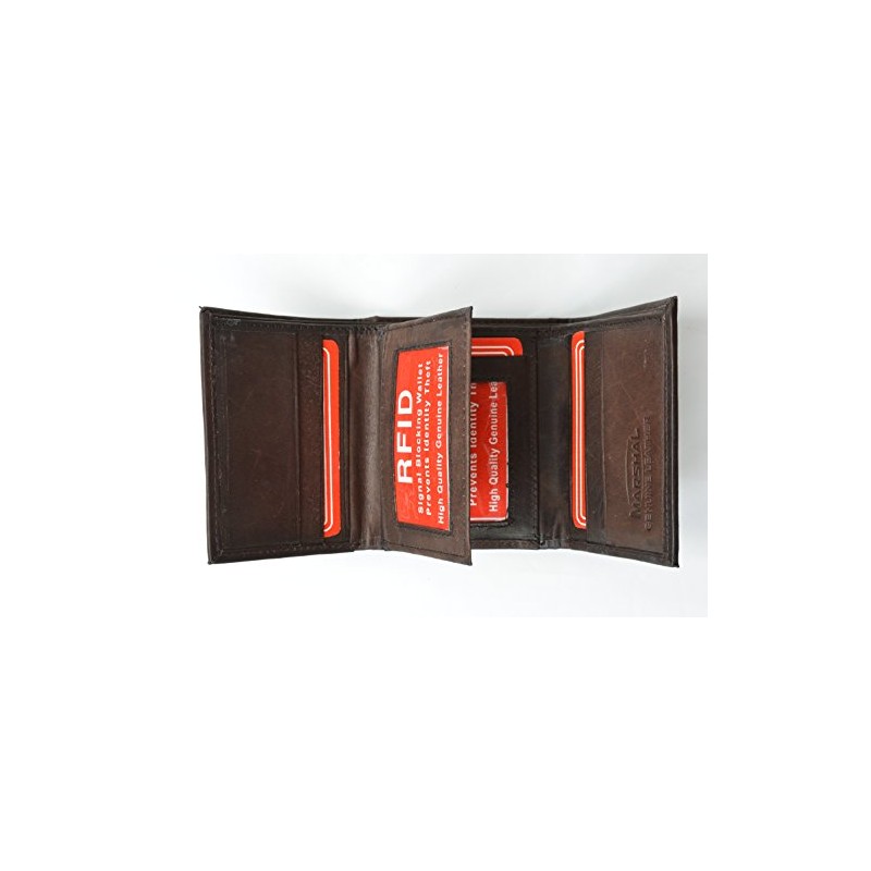 Mens Trifold Leather Wallet RFID Blocking Brown Marshal New